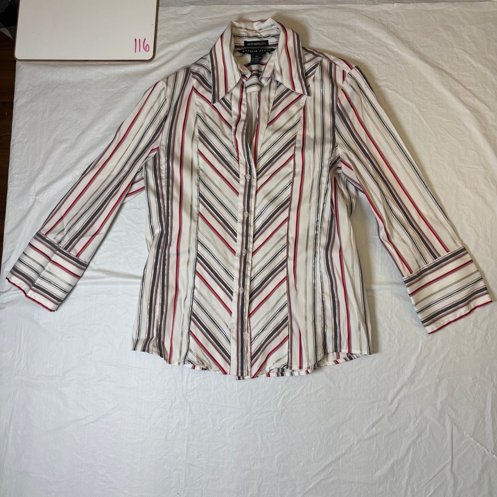 Vintage ANTILIA FEMME Striped Button Up Shirt Women's Size M Y2K Red Gray White